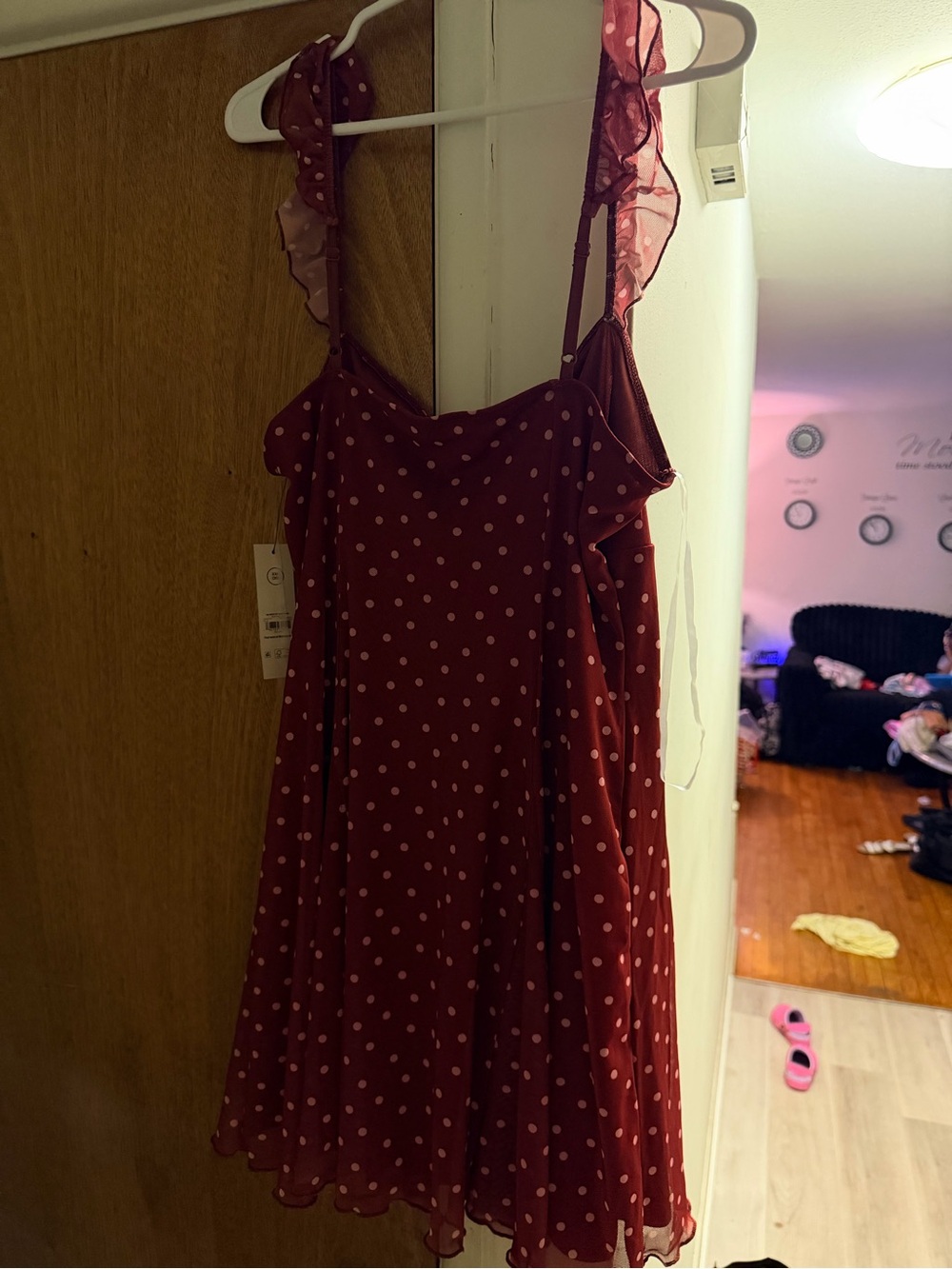 No Boundaries Wine Polka Dot Ruffle Strap Midi Dress